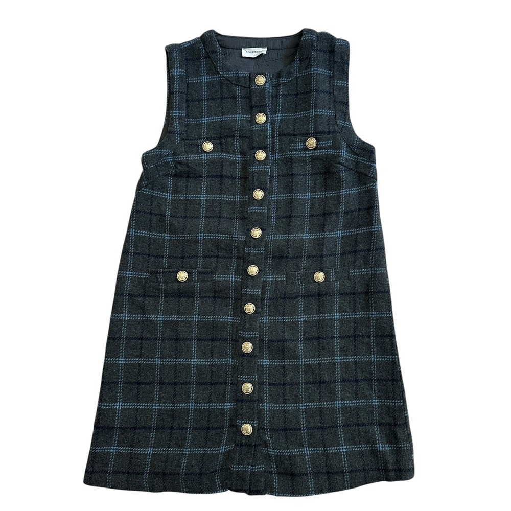 Blu Pepper Plaid Tweed Dress Large Charcoal Blue Wool Blend Gold Tone Button